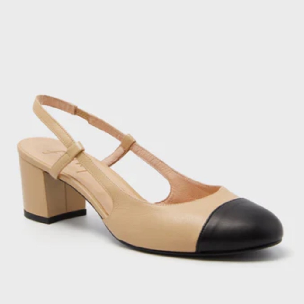 French Sole Beige and Black Slingback Heels